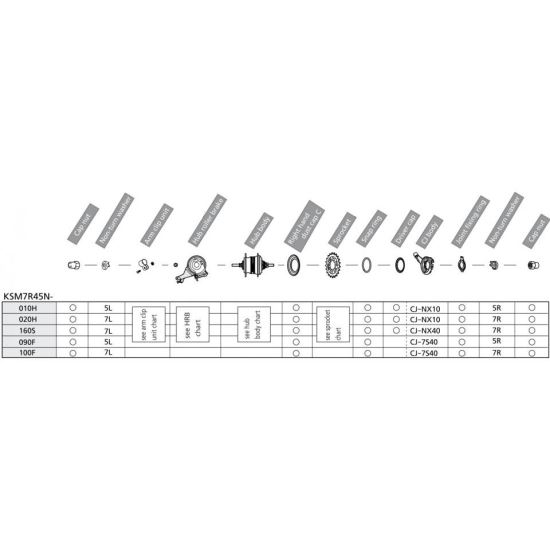 COMPONENTE SHIMANO NEXUS SG-7R45, FARA PINION, FARA ARM CLIP, PT. DROPOUT TRACK TYPE (5R/5L), SAIBA 3.2MM X 2, CAP NUT, GARNITURA PT. PRAF DREAPTA, INCL. CJ-NX40, VRAC